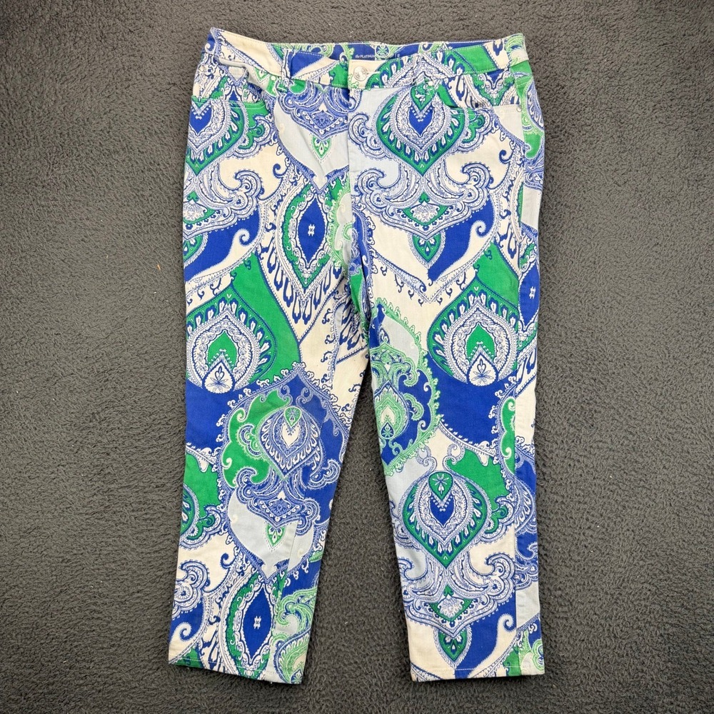 Chicos The Platinum Crop Pants Womens 2 Blue Green Paisley Cotton Blend Stretch